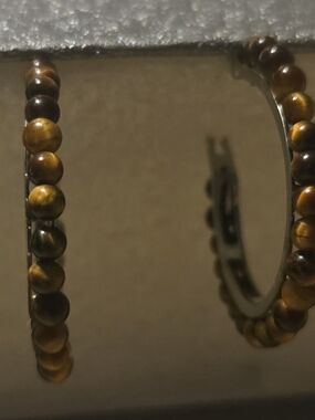Tiger Eye Beaded Hoop Earrings - Brown